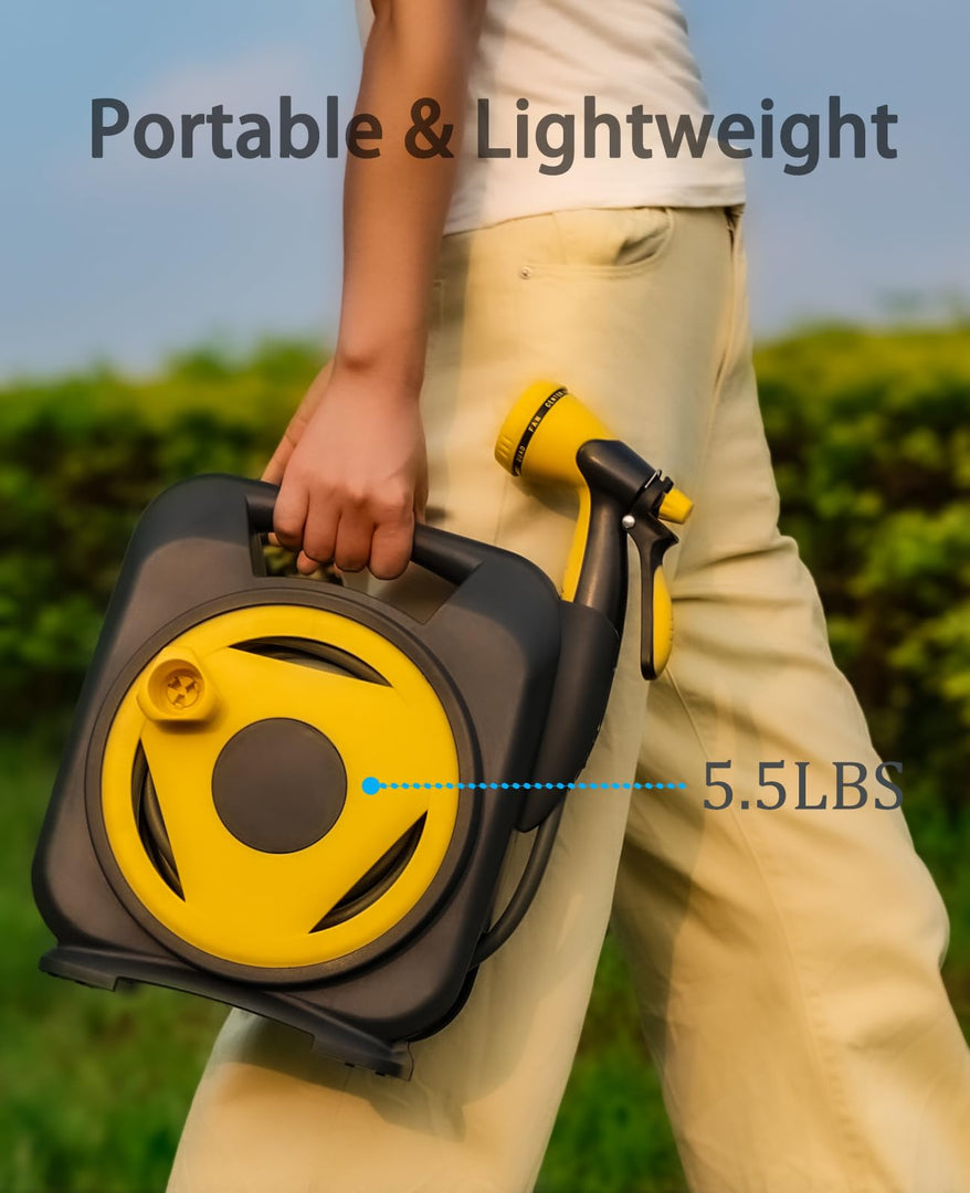 Garden Hose with Reel 50ft Expandable Water Hose with 8 Pattern Nozzle, Fits 1/2" & 3/4" Threaded Faucets,Lightweight & Flexible for Garden,Car Wash,Pet Bath,Patio Cleaning,Durable Anti-Leak Design